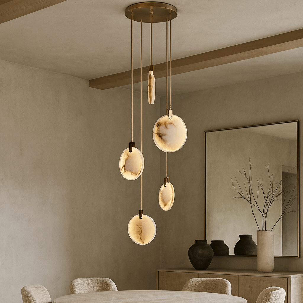 A modern dining room with a round table, upholstered chairs, and the Moonshade 5-Pendant Marble Chandelier by Morsale.com featuring five marble-like lights at varying heights. A sideboard with vases and a large mirror sits against the wall.