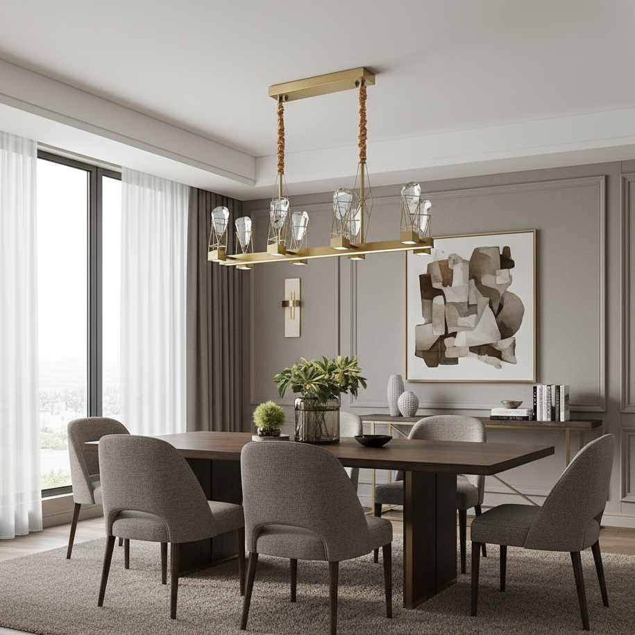 A modern dining room featuring a wooden table, six upholstered chairs, the Bigman Miller Dining Room Chandelier, abstract wall art, large windows with sheer curtains, and a potted plant on the table.