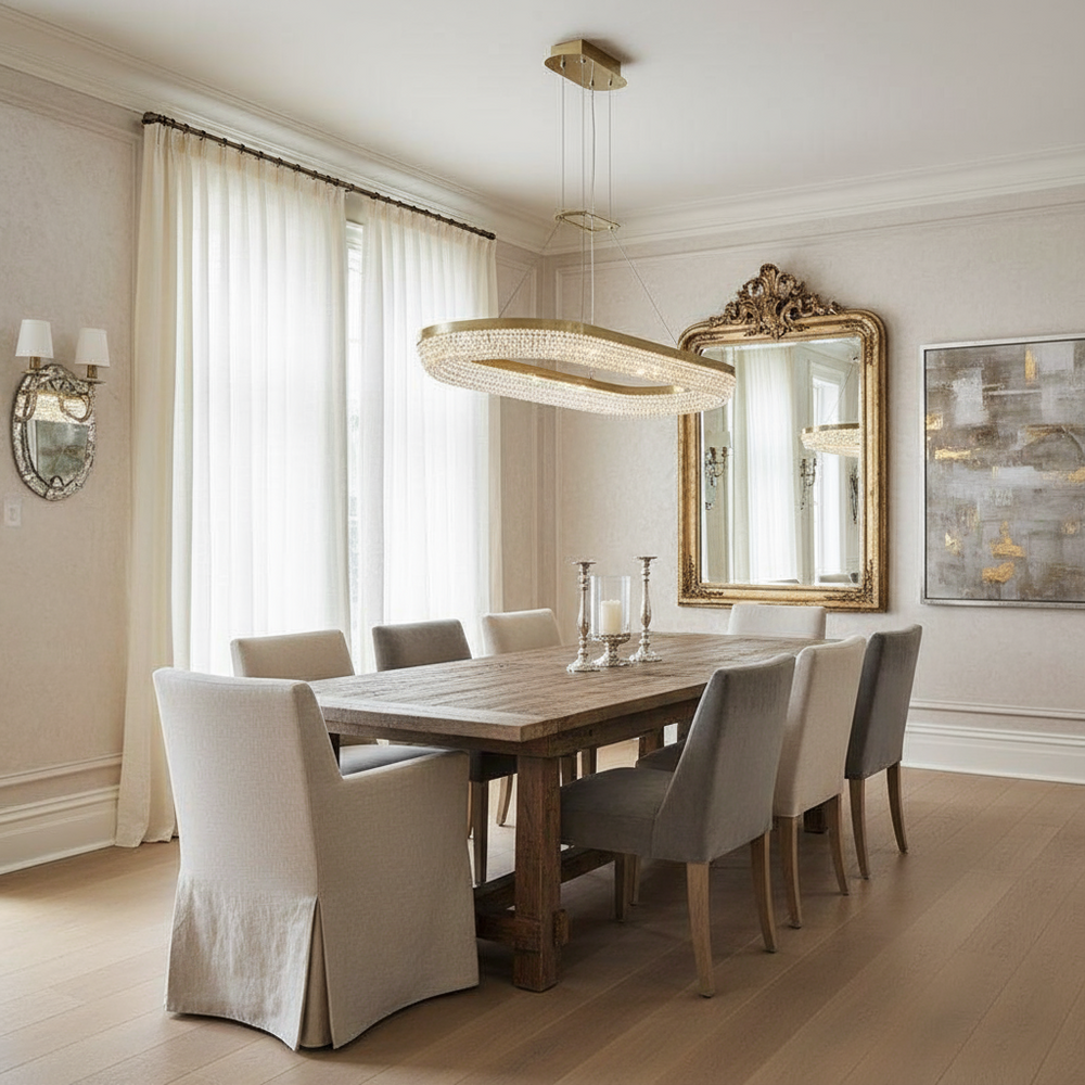 
                  
                    Modern dining room with wooden table, gray chairs, and decorative mirrors.
                  
                