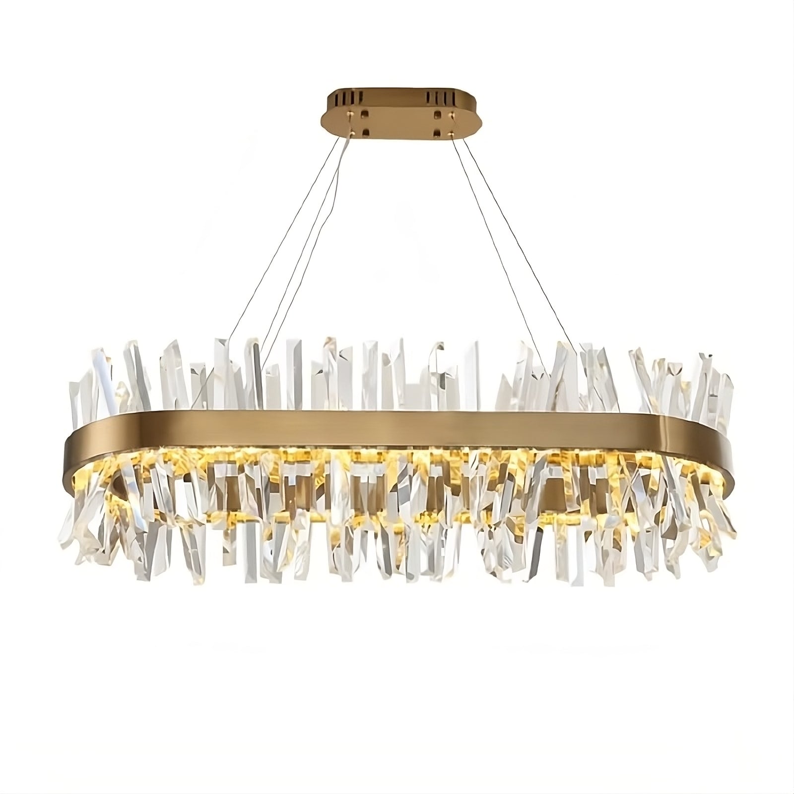 A luxurious, modern chandelier hangs from a rectangular base with four thin cables. Featuring a gold frame, it's adorned with numerous clear, angled K9 crystal pieces that reflect warm light from the bulbs within, creating a glamorous and elegant appearance—a true Calvi Crystal Dining Room Chandelier by Morsale.com.