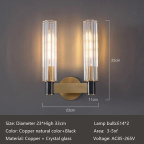 Introducing the Palermo 2-Head Retro Brass Wall Sconce by Morsale, a luxurious lighting fixture featuring two vertical cylindrical bulbs with elegant copper and black accents, complemented by crystal glass. With dimensions of 23 cm in width and 33 cm in height, this sophisticated piece is ideal for spaces ranging from 3 to 5 square meters. The brass design accommodates two E14 bulbs, adding a modern flair to any room.