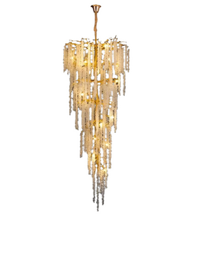 The Albero Crystal Foyer Chandelier by Morsale.com features a luxurious, cascading design with multiple tiers of glistening, crystal-like strands hanging elegantly from a polished gold finish frame. Illuminated by soft, warm light bulbs, it creates a glamorous and sophisticated ambiance.