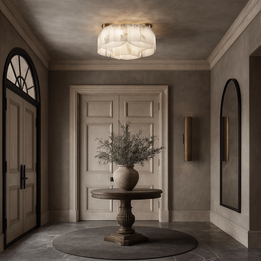 A round wooden table with a large vase of greenery sits on a circular rug in an elegant beige entryway with double doors, arched mirrors, and the Milton Marble Flush Mount by Morsale.com lighting the space overhead.