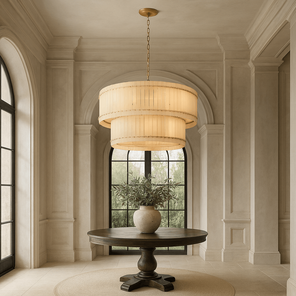 A round wooden table with a potted plant sits on a rug beneath the Morsale Valmont 2-Tier Marble Chandelier 39" in an elegant, neutral-toned room with tall arched windows and detailed wall paneling.