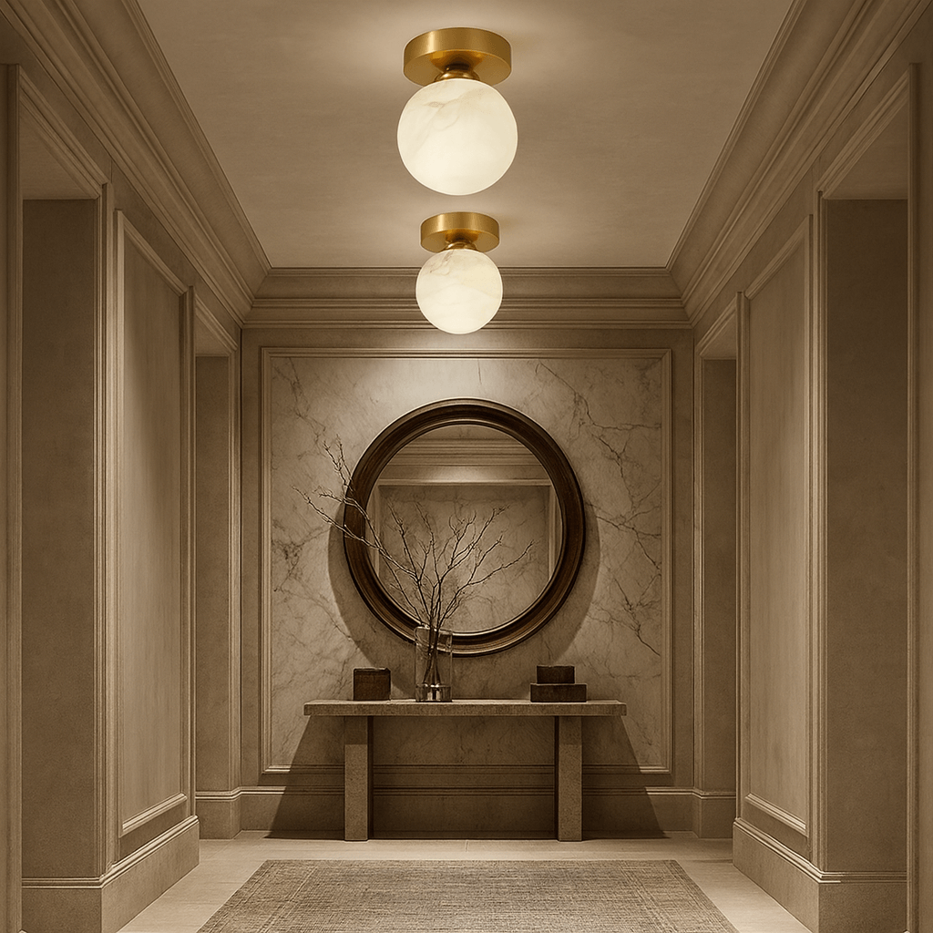 A sophisticated, warmly lit hallway features a large round mirror above a marble console, decorated with a branch-filled vase and small boxes. The Soria Marble Flushmount by Morsale.com bathes the neutral space in elegant light.