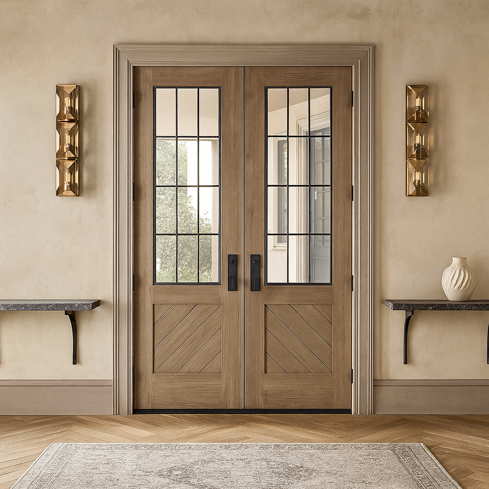 A pair of wooden double doors with glass panels and black hardware, flanked by Brookhill Crystal Wall Sconces from Morsale.com and narrow shelves with vases, in a light entryway featuring beige walls and a patterned rug.