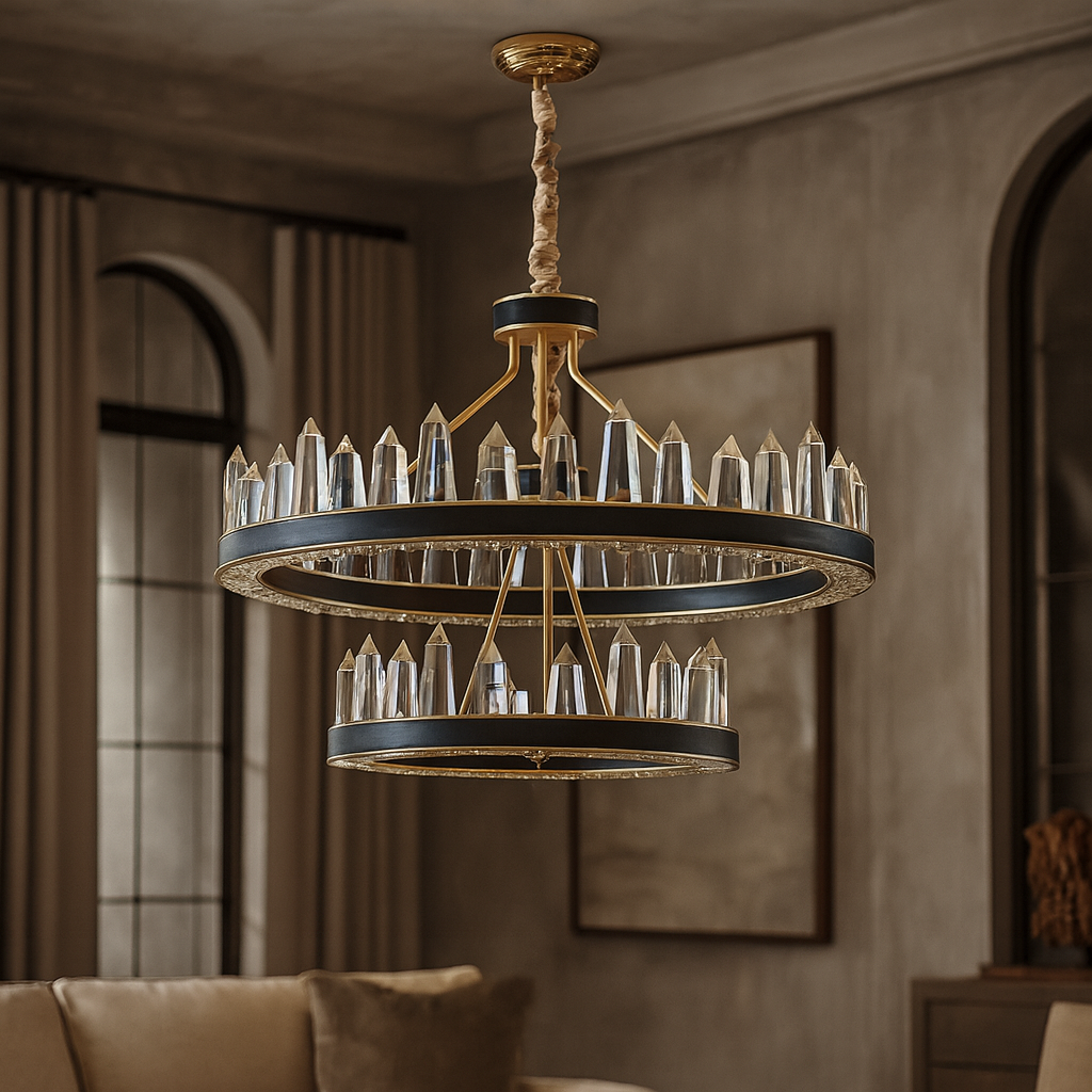 The Villa 2-Tier Contemporary Chandelier by Morsale.com, with gold and black accents and vertical crystal prisms, is displayed in a stylish living room with neutral walls, arched windows, and a plush beige sofa.