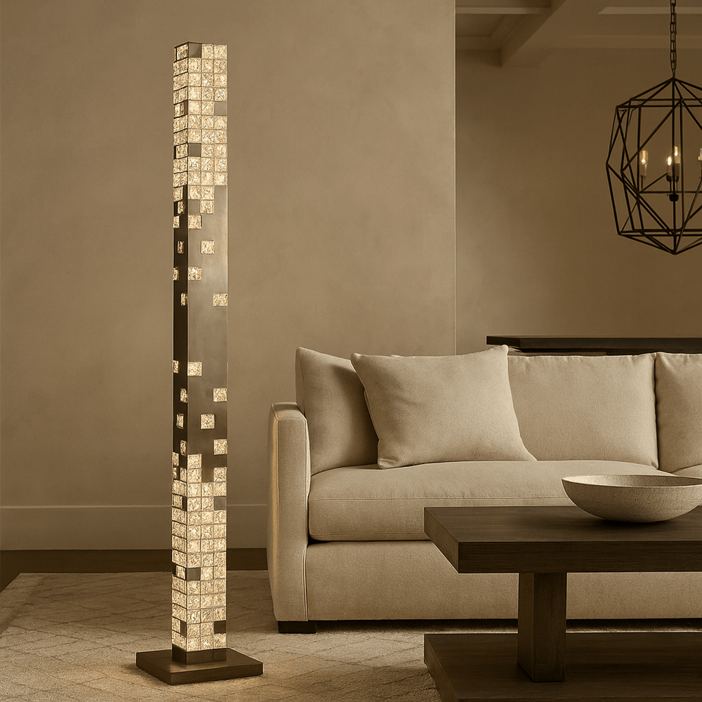 
                  
                    Living room with a tall floor lamp, beige sofa, and wooden coffee table.
                  
                