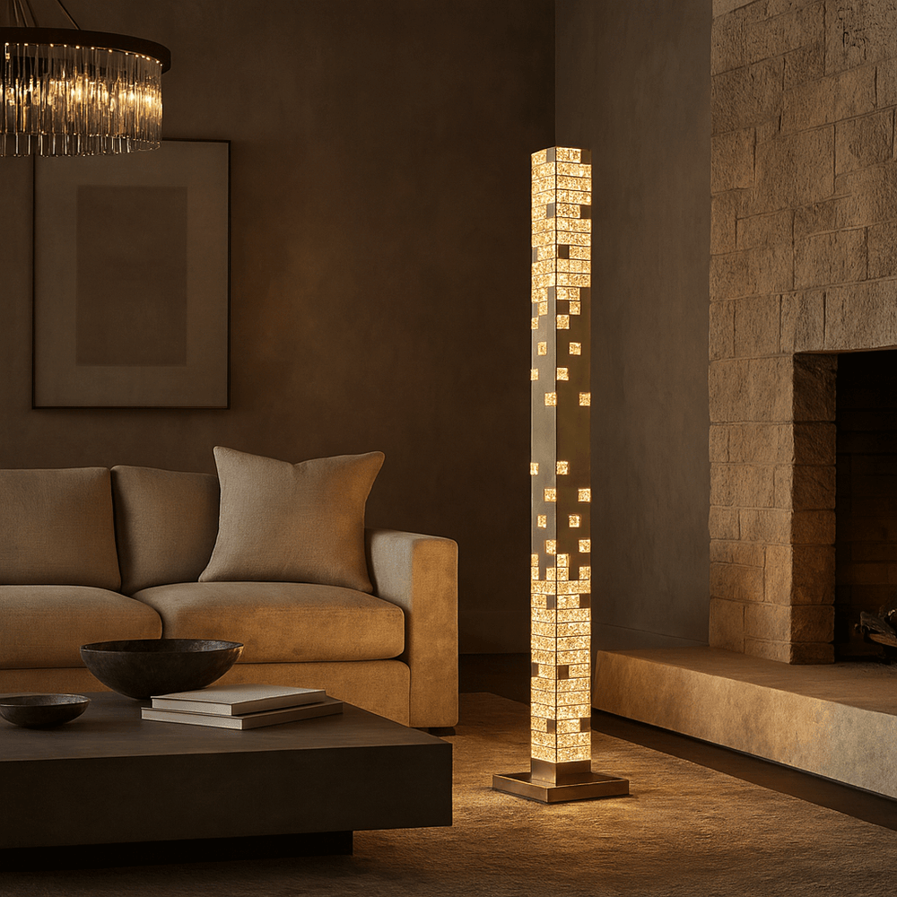 
                  
                    Modern floor lamp in a living room setting with a sofa and fireplace.
                  
                