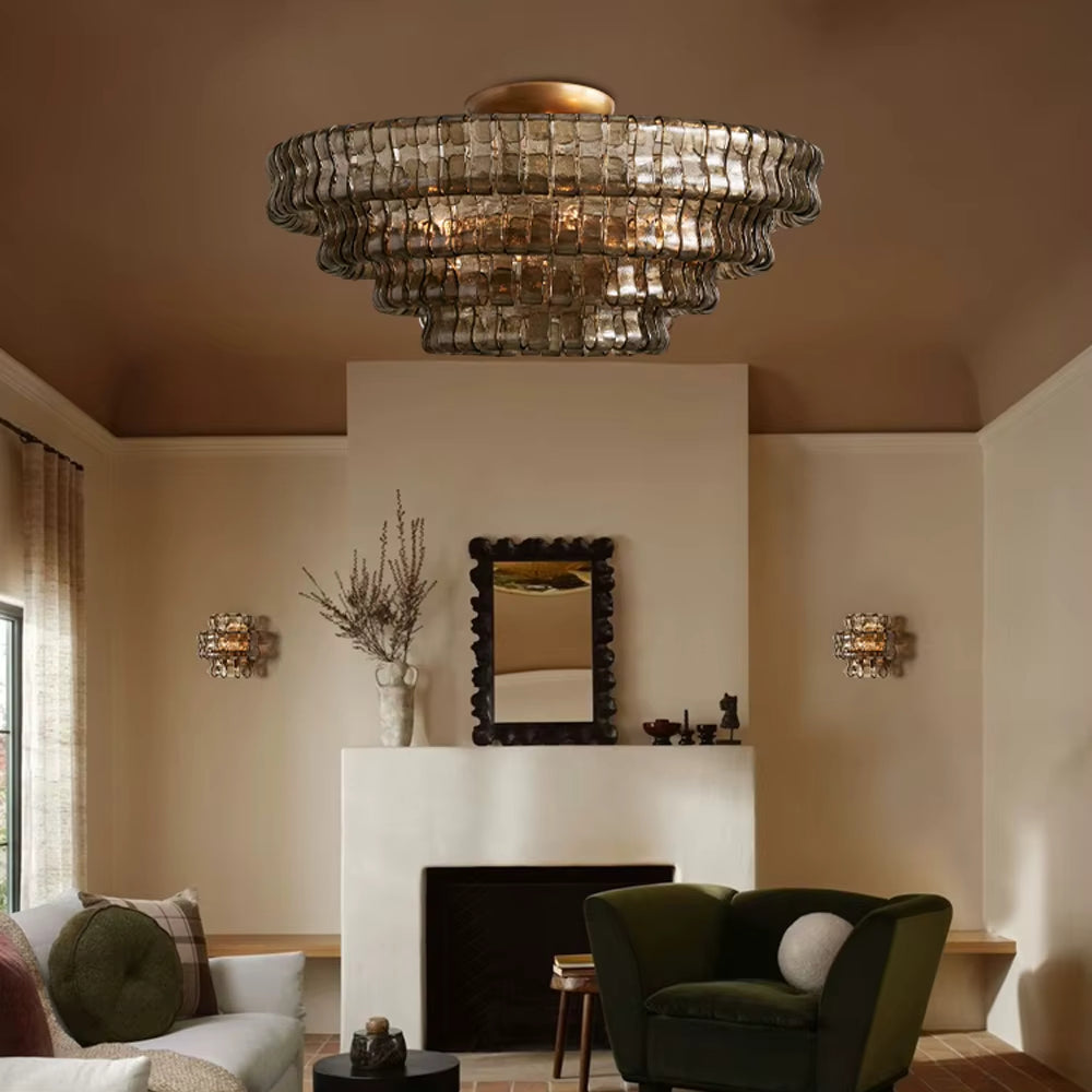 
                  
                    A stylish living room with neutral walls, modern furniture, a dark green armchair, and a white sofa. The Morsale Riviera 35" Flush Mount offers dimmable LED lighting above, while the fireplace is centered beneath a framed mirror and vase decor.
                  
                