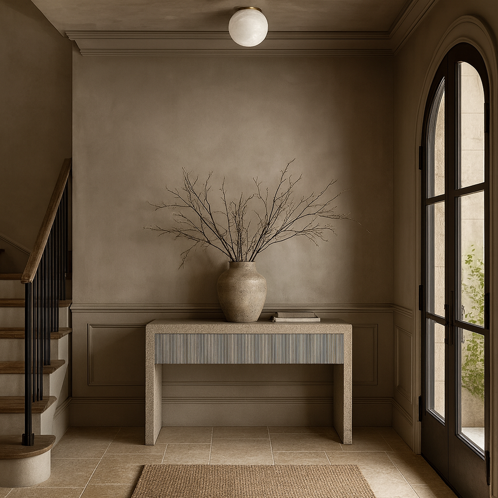 
                  
                    A minimalist entryway with neutral walls, a staircase on the left, and a console table with a large vase of branches and a closed book. The Morsale Moonshade Marble Ball Light Fixture softly illuminates sunlight from an arched glass door on the right.
                  
                