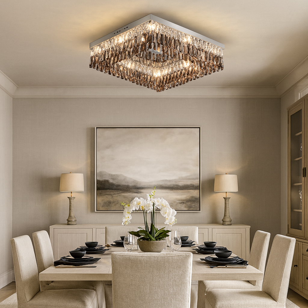 Elegant dining room featuring the Giano Crystal Flush Mount by Morsale.com with smoke grey crystals, beige walls, a landscape painting, table for six with beige chairs, a white orchid centerpiece, and two lamps on a sideboard.