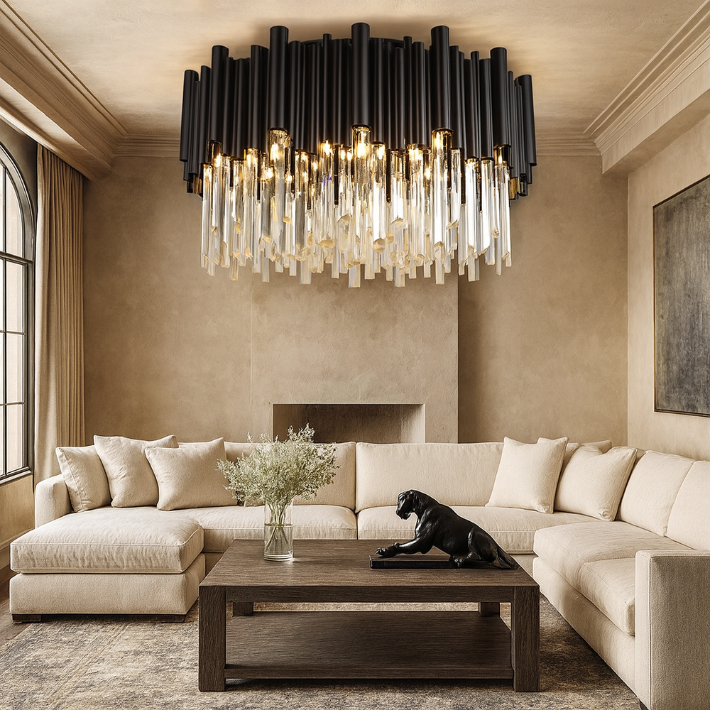A modern living room with a large beige sectional sofa, a dark wood coffee table topped with a black dog sculpture and vase, and the Vigo Crystal Ceiling Chandelier by Morsale.com adorned with handmade crystals hanging from the ceiling.