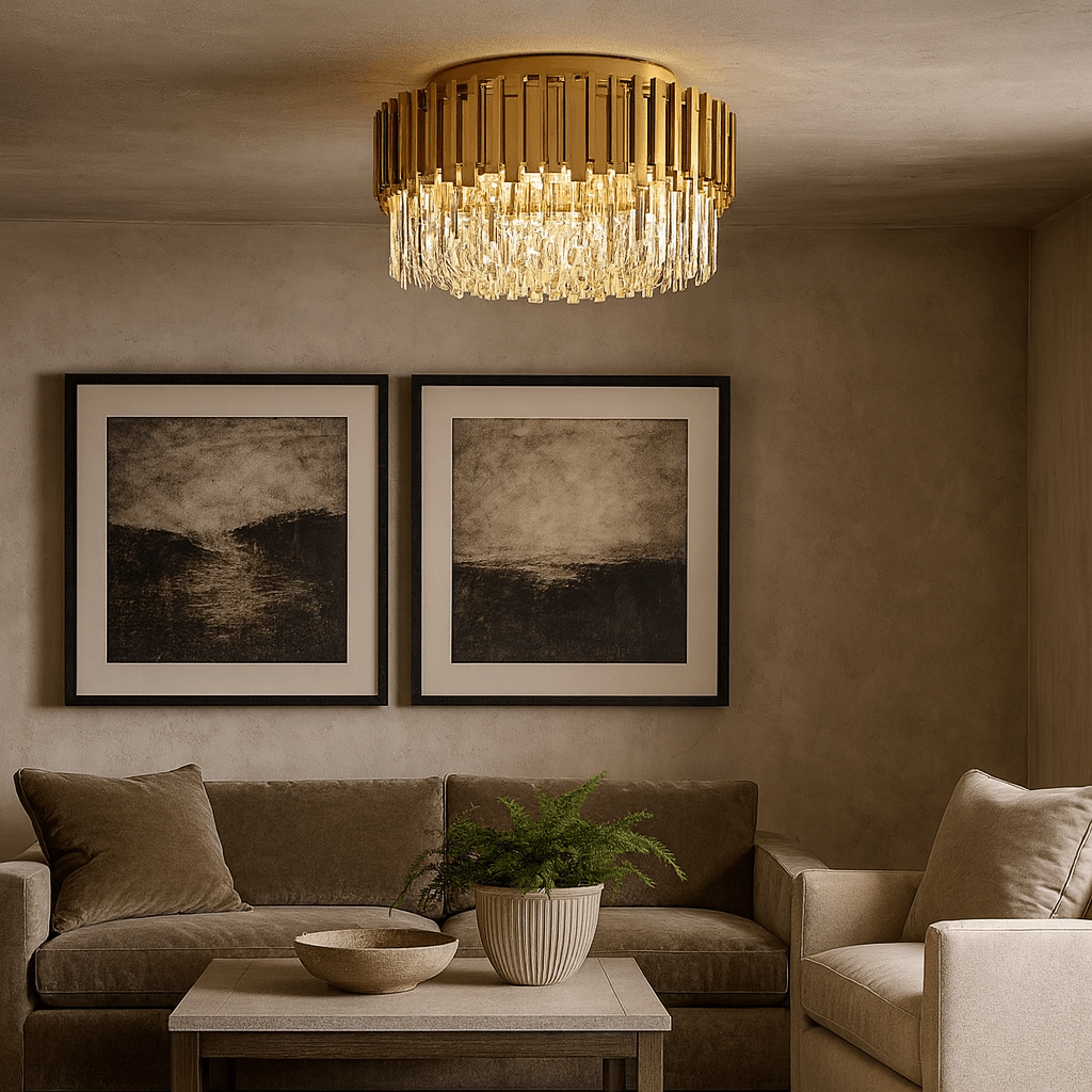 A modern living room with beige walls, a tan sectional sofa, two abstract black-and-white artworks, a coffee table with a plant, and the Gio Flush Mount Chandelier by Morsale.com adding elegance from the ceiling.
