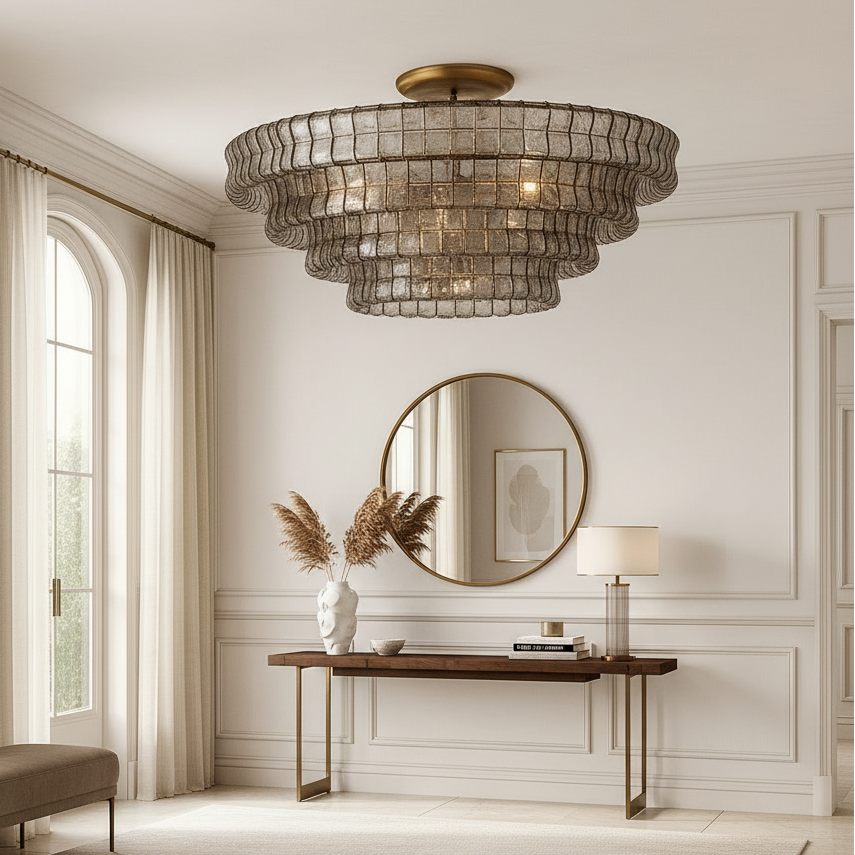 A modern living room features the Morsale Riviera 35" Smoke Glass Flush Mount, a round mirror above a wooden console table, a white vase with dried pampas grass, a table lamp, and a tall arched window with sheer curtains.