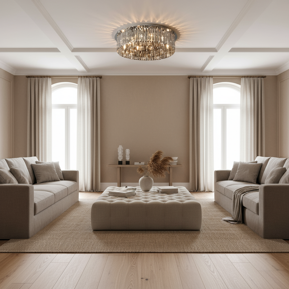 A modern living room with two beige sofas, a tufted ottoman, light curtains, neutral decor, and the Gio Crystal Flush Mount by Morsale.com as a luxury ceiling light that adds elegance to the space.