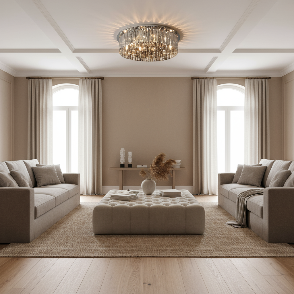 A modern living room with two beige sofas, a tufted ottoman, light curtains, neutral decor, and the Gio Crystal Flush Mount by Morsale.com as a luxury ceiling light that adds elegance to the space.