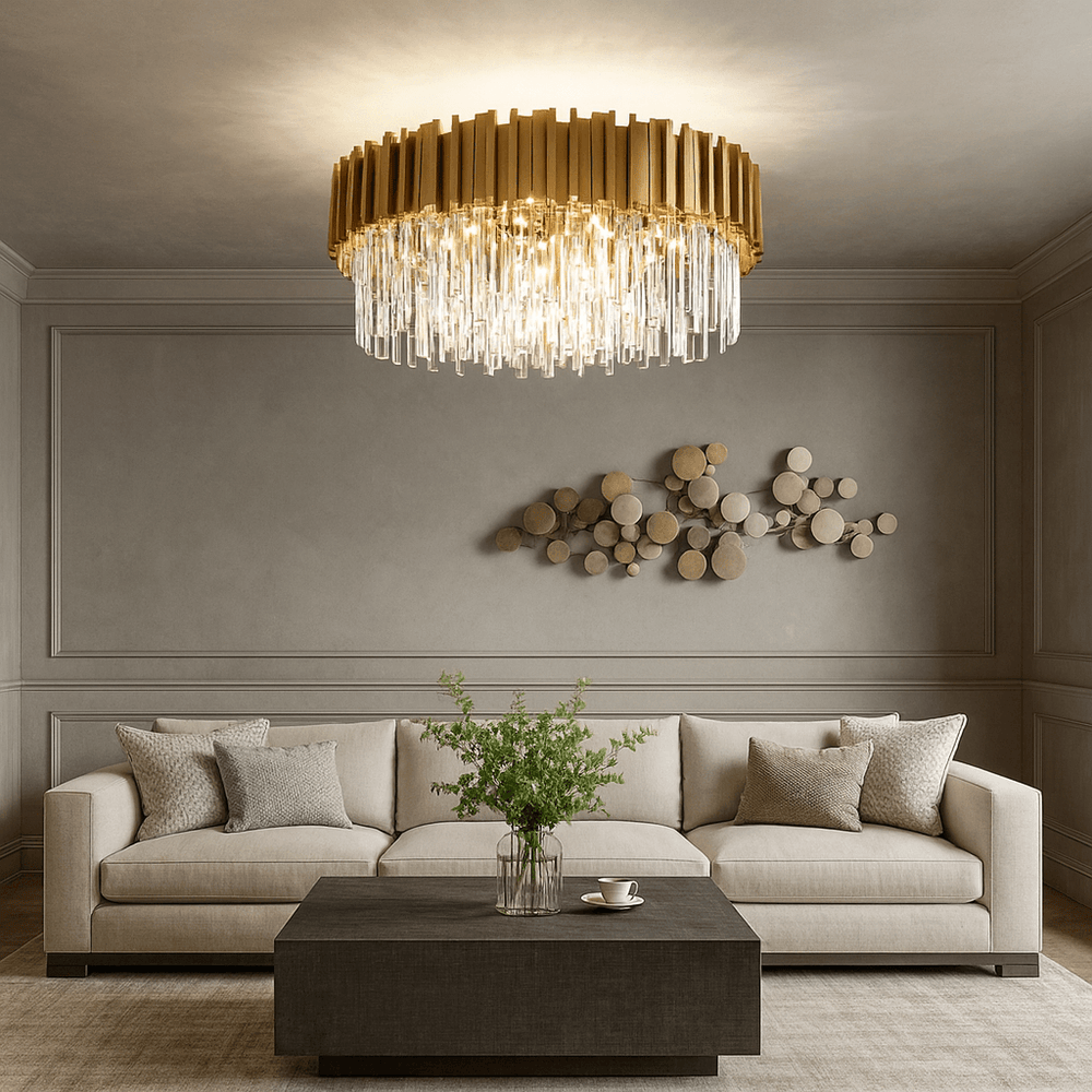 A modern living room with a beige sofa, neutral pillows, a dark coffee table topped with greenery, the Gio Crystal Flush Mount by Morsale.com, and circular metallic wall art on light gray paneled walls.