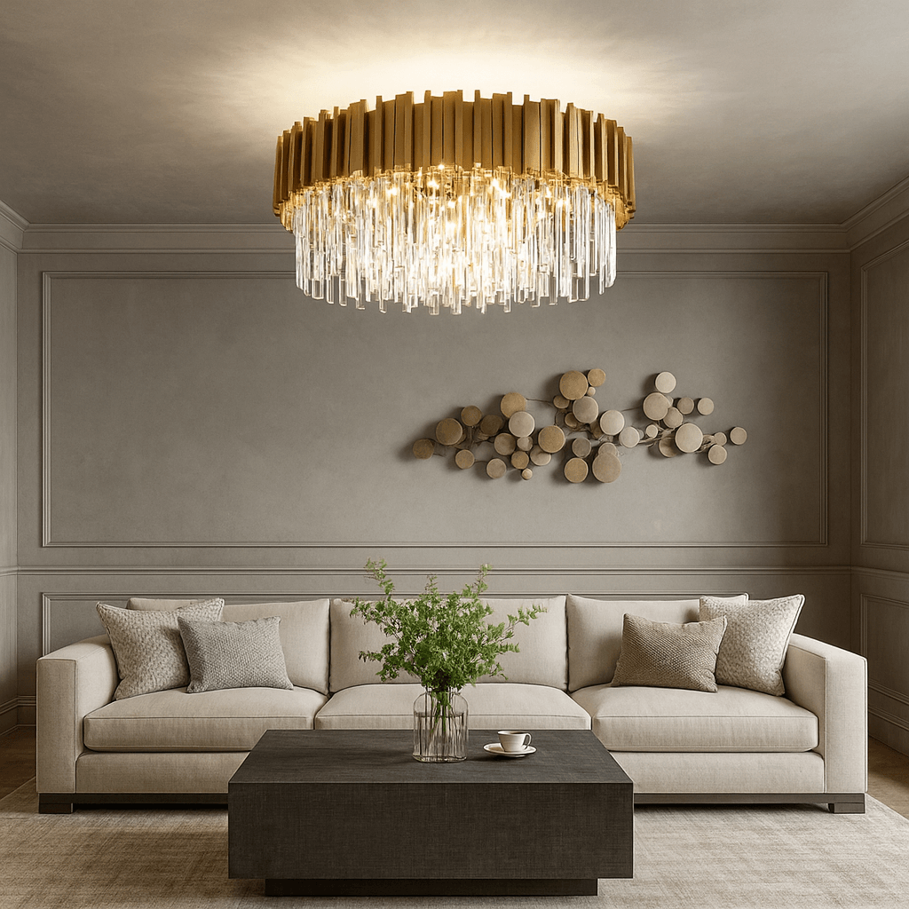 A modern living room with a beige sofa, neutral pillows, a dark coffee table topped with greenery, the Gio Crystal Flush Mount by Morsale.com, and circular metallic wall art on light gray paneled walls.