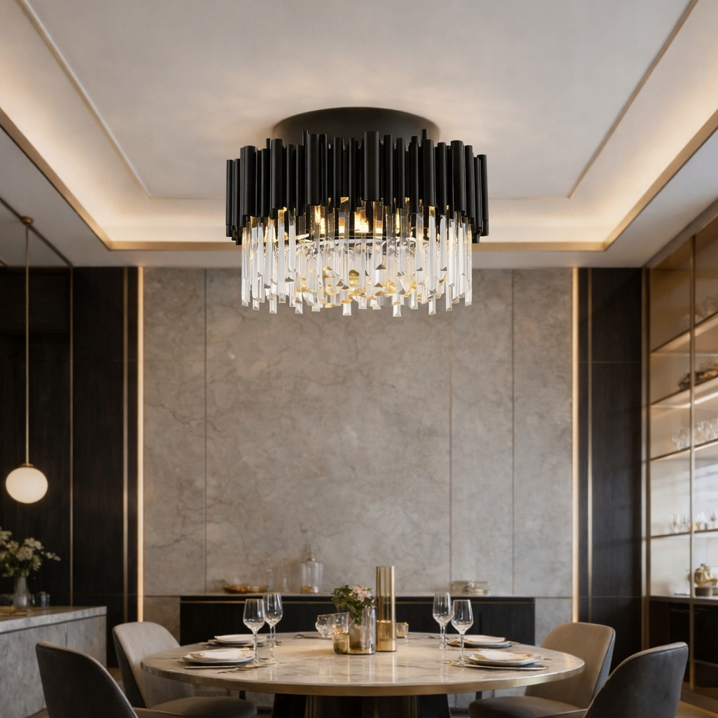 A modern dining room with a round table for four, marble walls, built-in shelving with glassware, and a stunning chandelier inspired by the Vigo Crystal Flush Mount Chandelier from Morsale.com.