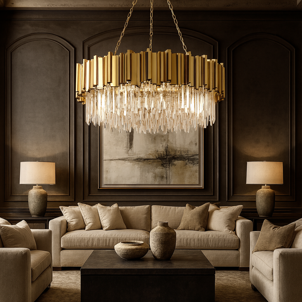 Elegant living room with beige sofas, a black coffee table topped with ceramic vases, and the striking Gio Crystal Chandelier by Morsale.com. Dark paneled walls, modern art, and two table lamps complete the stylish seating area.