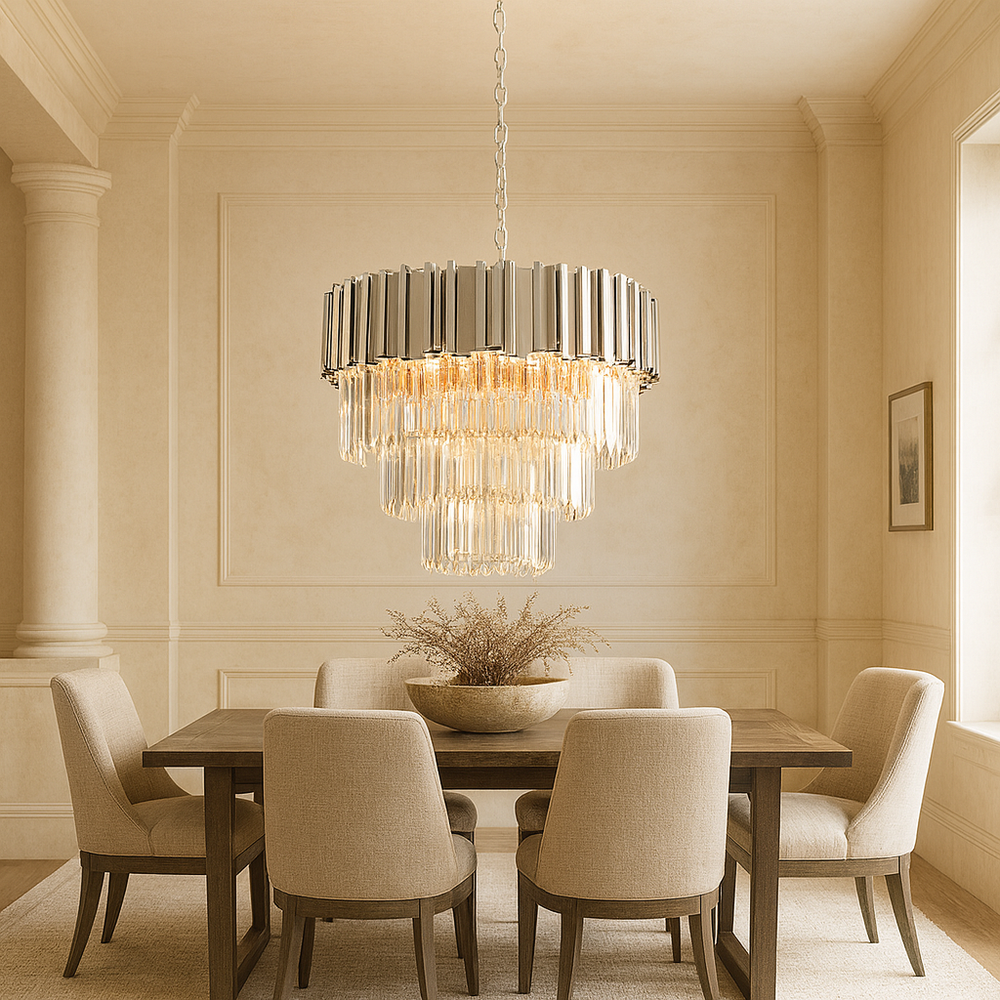 Elegant dining room with six upholstered chairs around a wooden table, a decorative bowl centerpiece, and the Gio Multi-Layer Crystal Chandelier from Morsale.com above. Neutral tones and classic wall paneling create a sophisticated ambiance.