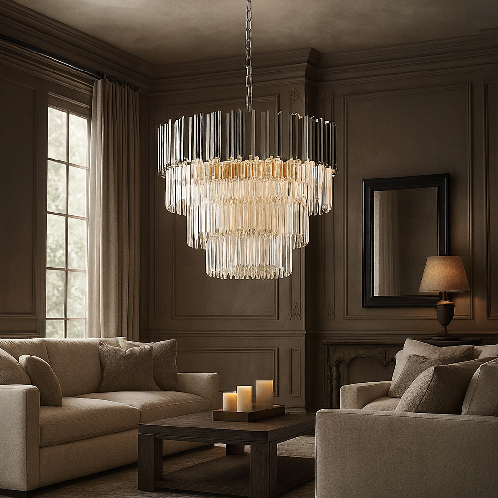 Luxurious living room with a chandelier, sofa, and candles.