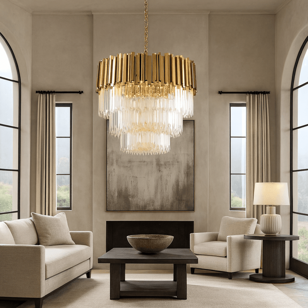 Elegant living room with neutral-toned sofas, a dark wood coffee table, and the striking Gio 4-Tier Crystal Chandelier from Morsale.com. Tall windows with beige curtains brighten the sophisticated, minimalist space.