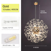 The El Sol Crystal Dandelion Lighting Fixture by Morsale.com features a gold chandelier design with 12 bulbs and a diameter of 55 centimeters. Enhanced by 76 K9 crystals and utilizing 7W G9 LED bulbs, this fixture's height is adjustable up to 150 centimeters, offering customizable elegance. Displayed against a dark background, it perfectly encapsulates both modernity and sophistication.