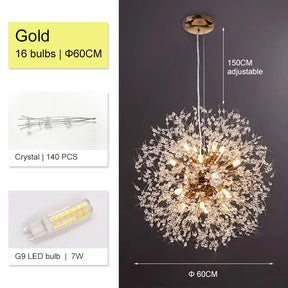 The El Sol Crystal Dandelion Lighting Fixture by Morsale.com is displayed, featuring a gold chandelier with a diameter of 60cm, equipped with 16 bulbs and adorned with 140 K9 crystals. The chandelier includes G9 LED bulbs that are 7W each and has an adjustable height reaching up to 150cm. Images showcasing the crystal pieces and a G9 LED bulb are also included.