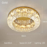 The Specchio Crystal Ceiling Light by Morsale.com is a gold-toned, round LED flush mount featuring crystal prisms elegantly arrayed along its perimeter. Measuring 60 cm in diameter and 19 cm in height, it is ideal for spaces of 10-15 square meters. The design is completed with resilient stainless steel accents on the frame.