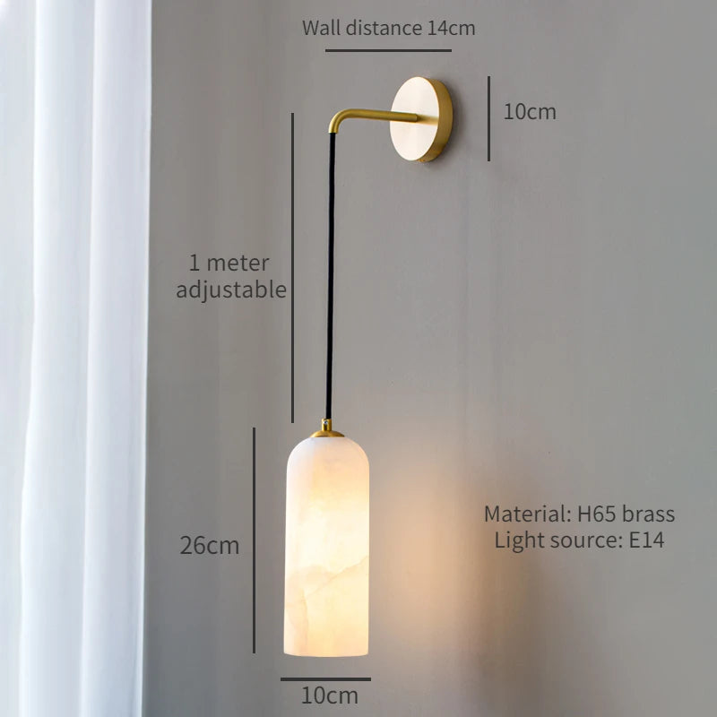 Experience the sophistication of lighting with Morsale.com's Moonshade Natural Marble Wall Lights, an exquisite addition to your home decor. This wall-mounted piece includes a white cylindrical shade and hangs 1 meter from its gold arm, combining elegance with functionality, similar to refined wall sconces. It is designed to fit an E14 bulb, providing a warm and inviting ambiance.