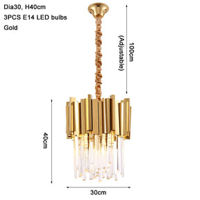 The Gio Kitchen Island Pendant Light Fixture by Morsale.com features a gold-plated stainless steel and clear glass design. It spans 30 cm in diameter and 40 cm in height, making it ideal for kitchen island lighting. The fixture hangs from an adjustable rope, extending up to 100 cm, and requires three E14 LED bulbs for a contemporary look.