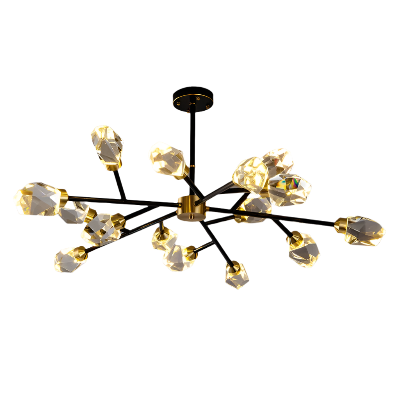 The Bari Crystal Branch Chandelier in black from Morsale.com features a modern design with multiple arms extending outward, each ending in a geometric crystal cube light fixture. The illuminated lights cast a warm glow, resembling a starburst or molecular structure.