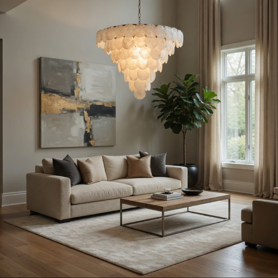 Living room with a chandelier, sofa, coffee table, and abstract painting.