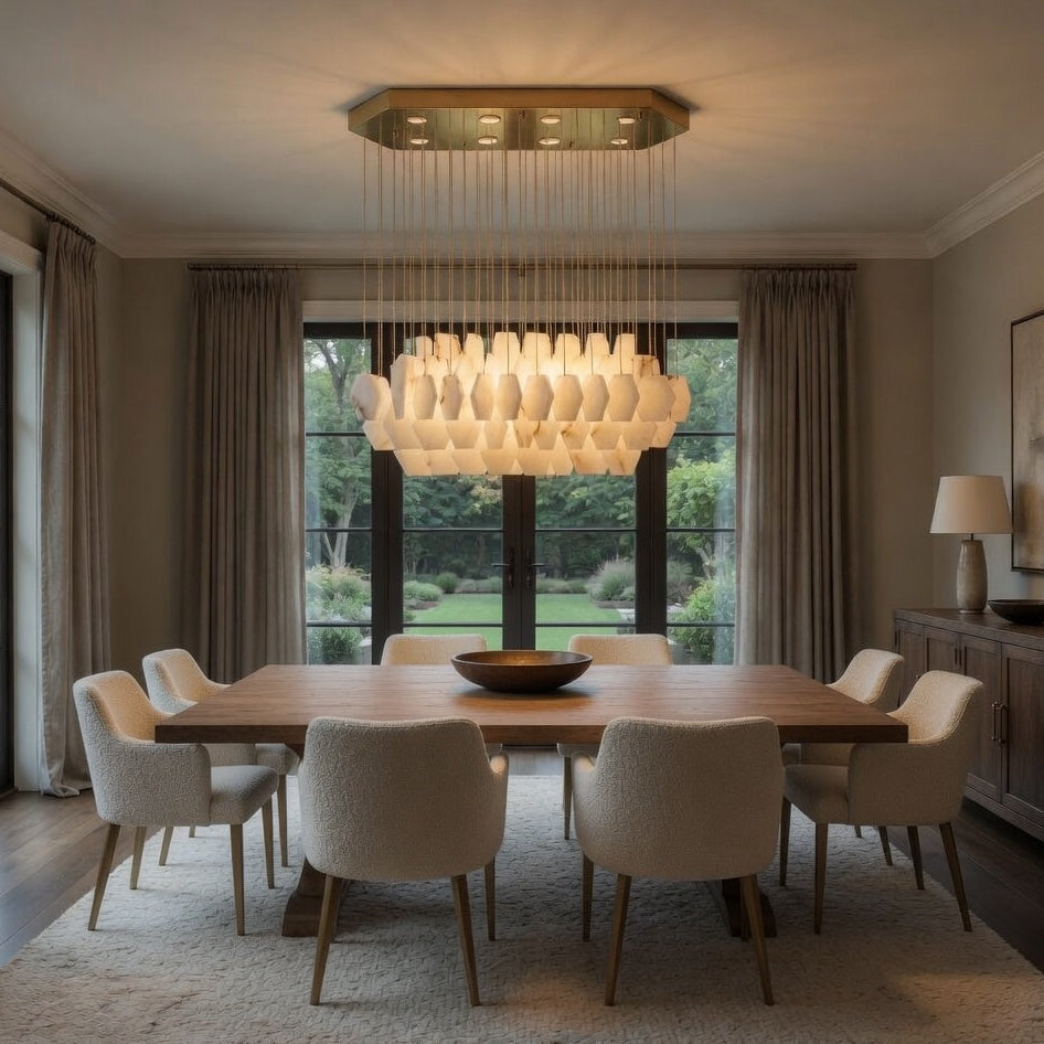Modern dining room with a large chandelier, wooden table, and chairs.