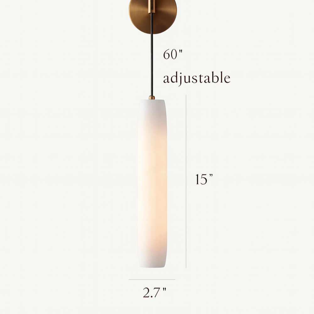 
                  
                    Pendant light with measurements and material details on a white background
                  
                