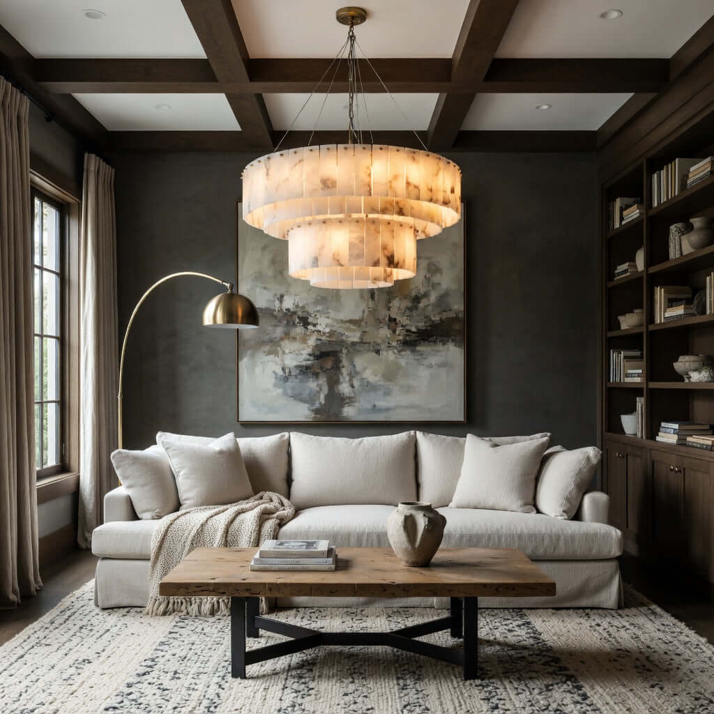 Marble drum chandelier glowing above a sofa in a luxury library