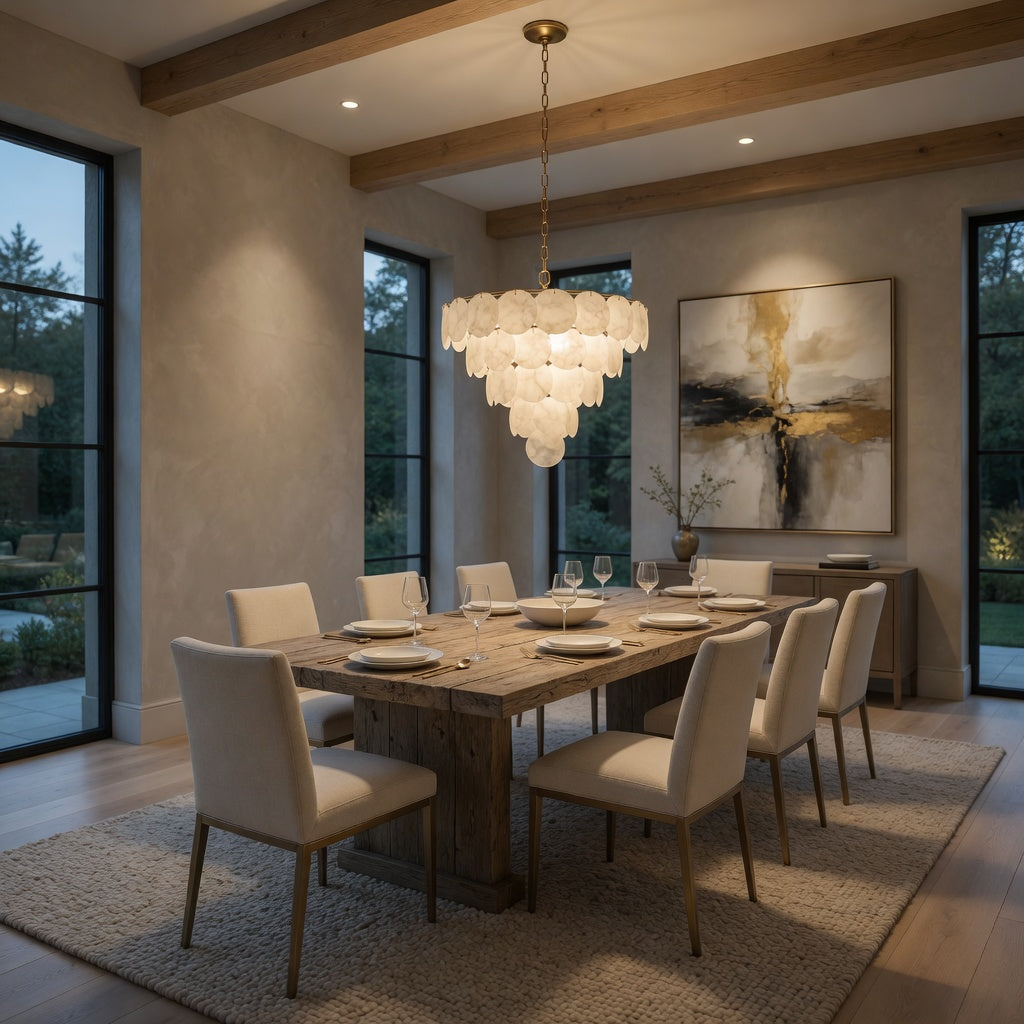 Modern dining room with wooden table, chairs, and abstract painting on wall.