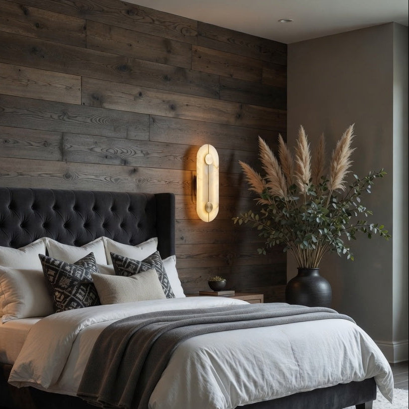 Modern bedroom with wooden wall, bed, and decorative elements.