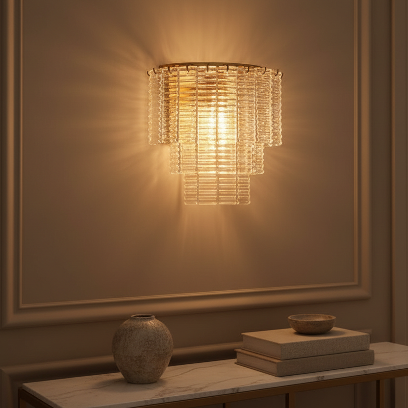The Palermo Wall Sconce by Chandelier Style features a sculptural glass shade, casting warm light in an elegant hallway styled with a marble-topped console table, pottery, books, and framed art for a contemporary touch.