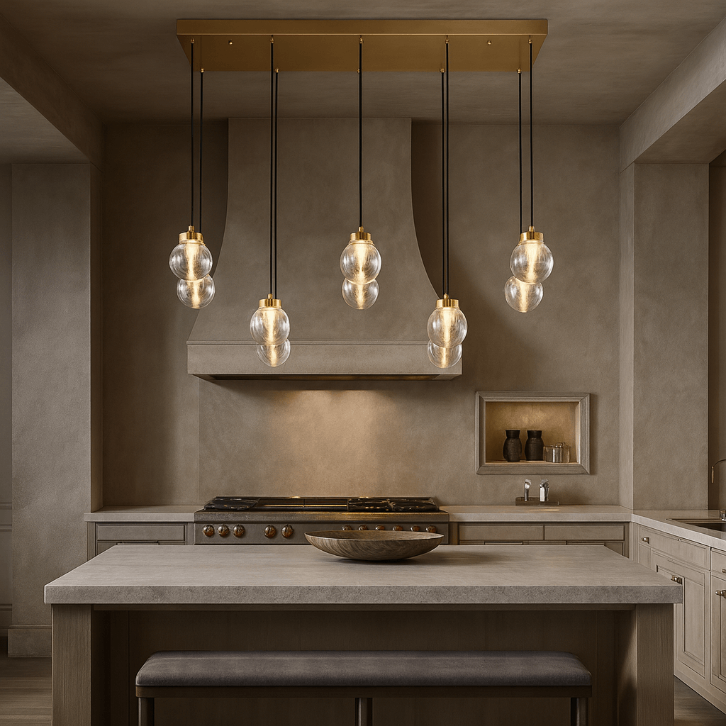 A modern taupe kitchen features a central island, wooden bowl, and the Morsale Bossen Glass & Copper Chandelier—a rectangular gold fixture with six glass pendants—above the island, plus built-in stove and shelves in the background.