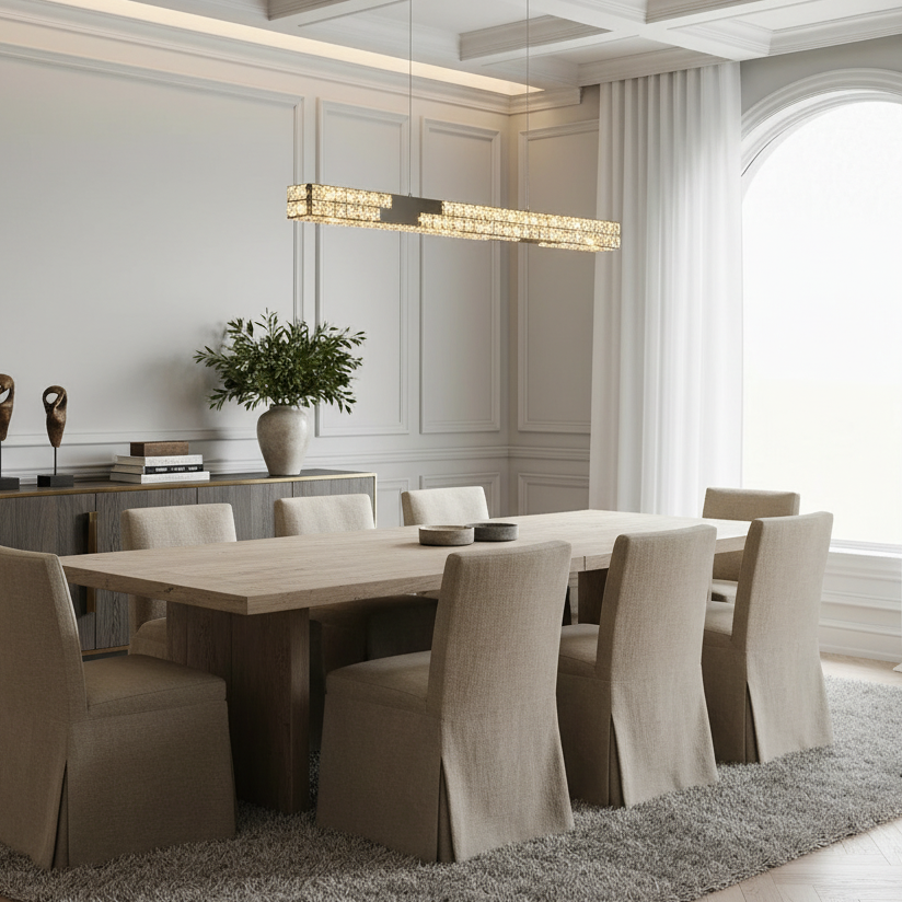 A modern dining room featuring a large wooden table, eight beige upholstered chairs, a textured gray rug, white paneled walls, a large arched window with white curtains, and the Langley Crystal Dining Room Chandelier by Morsale.com.