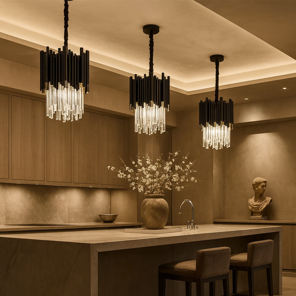 
                  
                    A modern beige kitchen features elegant Vigo Crystal Round Chandeliers (12") by Morsale.com over the island, accented with a large vase of white flowers, two stools, wood cabinets, and a classical bust sculpture in the background.
                  
                
