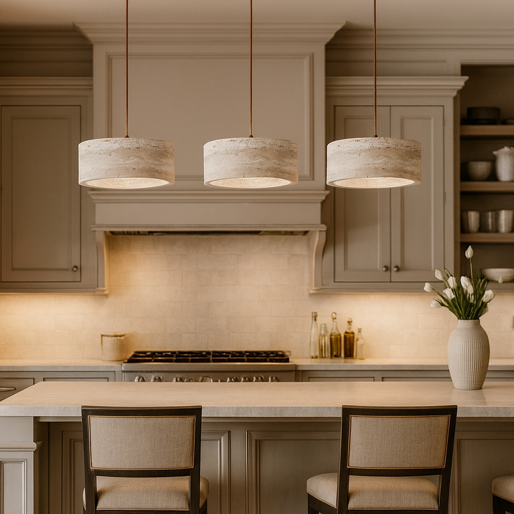A minimal, elegant kitchen with beige cabinets showcases two Morsale Vero Travertine Bell Pendants above a light island, paired with chairs, a tulip vase, and oil bottles.