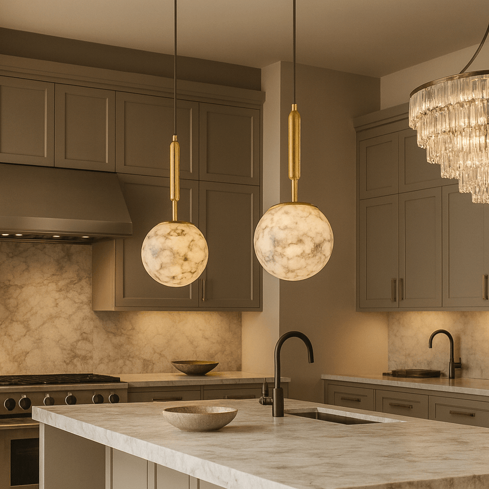 A modern kitchen features beige cabinets, marble countertops and backsplash, two Morsale Solara Marble Orb Pendants, and a crystal chandelier above the island. A stove, sink, and decorative bowls are visible on the counters.