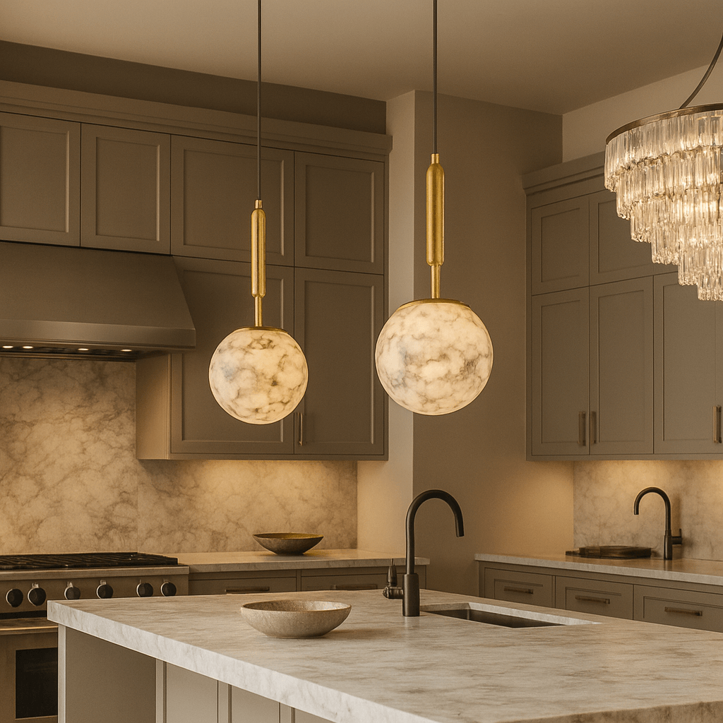 A modern kitchen features beige cabinets, marble countertops and backsplash, two Morsale Solara Marble Orb Pendants, and a crystal chandelier above the island. A stove, sink, and decorative bowls are visible on the counters.