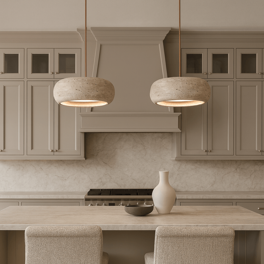 Modern kitchen with beige cabinets, marble backsplash, an island with two upholstered chairs, a white vase, and a bowl. Two Morsale Vero Travertine Bell Pendants hang over the island, adding a warm and inviting touch.