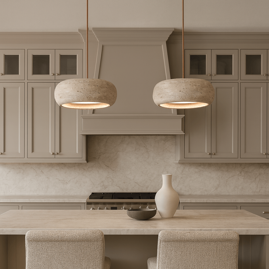 Modern kitchen with beige cabinets, marble backsplash, an island with two upholstered chairs, a white vase, and a bowl. Two Morsale Vero Travertine Bell Pendants hang over the island, adding a warm and inviting touch.