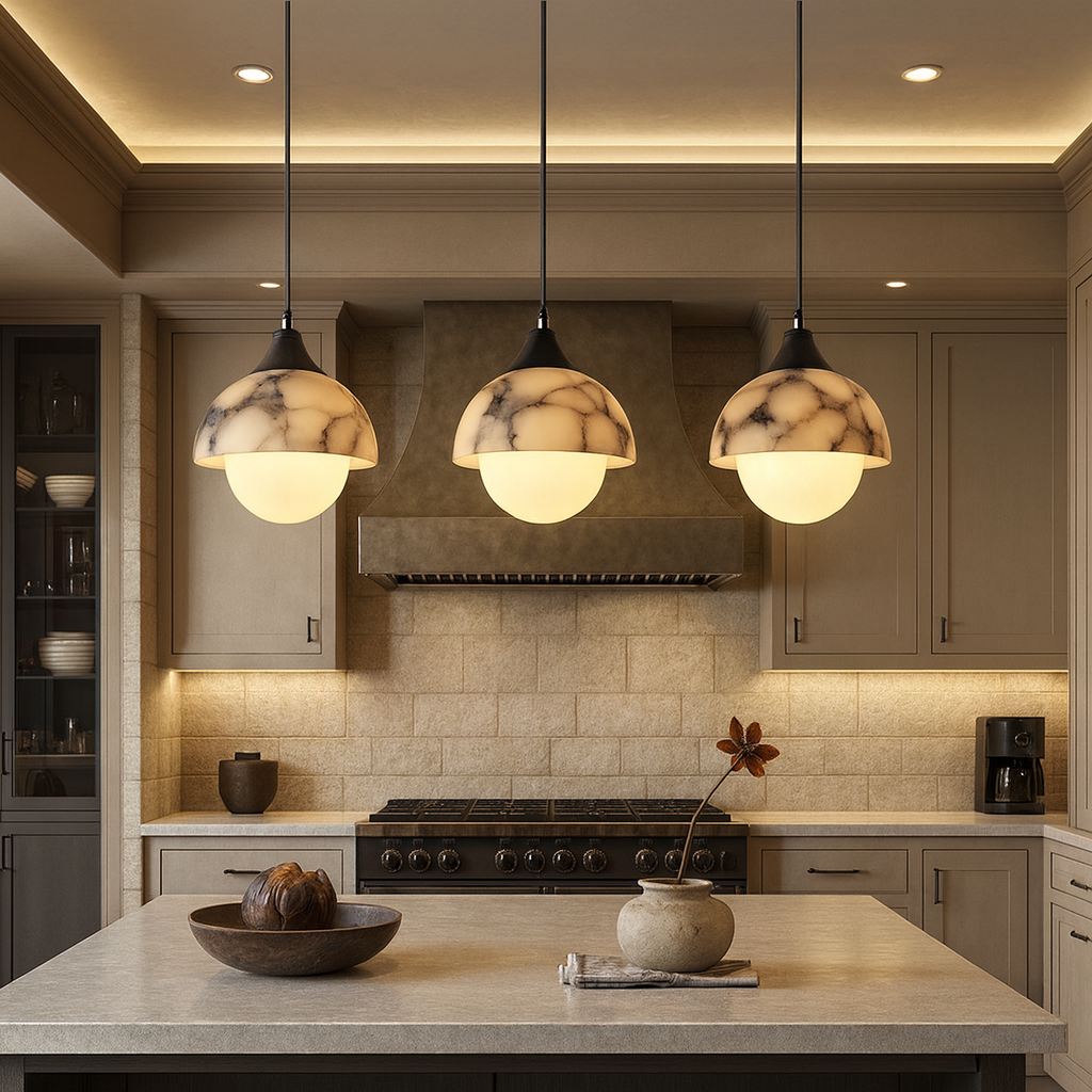 A modern kitchen with beige cabinets, a stone backsplash, and a large island. Three Morsale Aeris Natural Marble Pendant Lights hang above the island, which is decorated with a bowl and a vase holding a single stem.